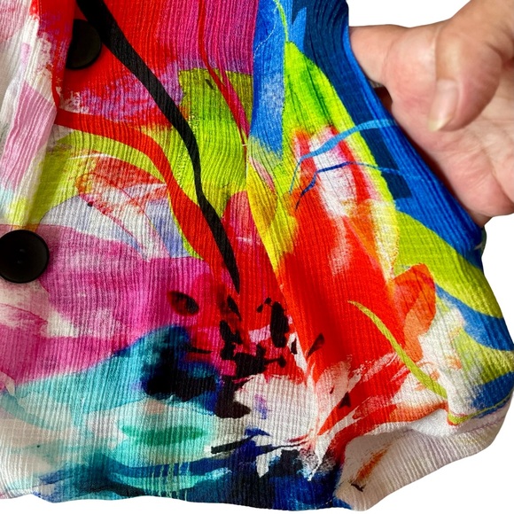 Ali Mikes Multi-colored Bell Sleeve Wire Point Collar Abstract Blouse Sz L - Picture 7 of 9